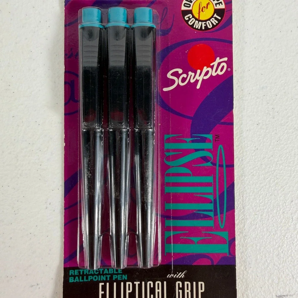 Scripto 3 Pack‎ Ballpoint Pens Ellipse Retractable Medium Point Black Ink 1994